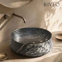 Vasque à poser ronde noire effet marbre blanc Ø45,5 x 15,5 cm en céramique avec bonde incluse - Rivéo