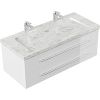 Badmöbel Marmor Carrara White Damo 130 cm 2 Hahnlöcher SoftClose weiß hochglanz