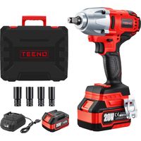 Teeno – Clé à chocs sans fil 600Nm 20V – Moteur Brushless – 2 vitesses 0-3400/0-4300 tr/min – 4 douilles 17/19/21/22mm – Pour automobile et bricolage