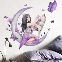 Lntyq Stickers Chambre Fille, Décalque Mural Lune Loup Fleur Fée, 7075 cm Stickers Muraux Chambre Fille, Decoration Chambre Fille, Stickers Muraux Papillon Autocollant pour Chambre à Coucher, Salon, P
