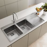 Kitchen Sink 2.0 Double Bowl RH Drainer Stainless Steel Modern Inset Waste Kit