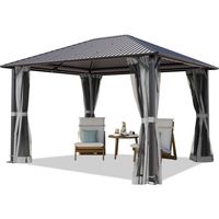 TOOLPORT Tonnelle de Jardin 3x3,65 m avec Toit en Acier - Hardtop Pavillon avec 4 Parois latérales et 4 Moustiquaires en gris
