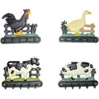 Crochets de suspension en fonte décorés - en lot de 4 décorations : coq, cochon, vache, oie