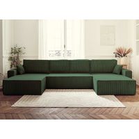Dellia – wohnlandschaft u-form – 7-sitzer – mit schlaffunktion – mit bettkasten – aus cord - grün