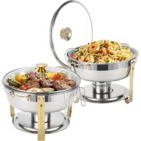 2 Pack Chafing Dish Buffet Gold with Glass Lid 5L Set, Round Food Warmer for Catering Buffet with Lid Holder, Mirror-Polished Rolled-Rim Food-Grade Stainless Steel Chafer for Party
