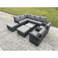 Fimous 10 Sitzer Rattan Gartenmöbel Set Ecksofa Set aus Polyrattan mit Quadratischer Couchtisch 2 Großer Hockern 2 Sesseln Dunkelgrau gemischt