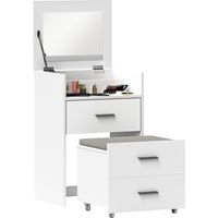 Tavolo da Trucco in Legno con Specchio Ribaltabile, 2 Cassetti e Sgabello, 50x40x113.5 cm, Bianco