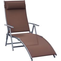 transat Chaise Longue Bain de Soleil Pliable Dossier inclinable Multi-Positions têtière fournie 137L x 64l x 101H cm métal époxy textilène Marron
