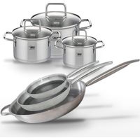Batterie de cuisine avec 3 poêles 24/28/32 cm et 3 faitouts 14/16/20 cm en inox avec 6 ustensiles de cuisine Elo Collection Relief Solution Citrin