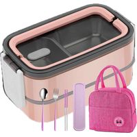 boîte à lunch isotherme,Boîte à lunch portable rose en acier inoxydable compartiments + cuillère, fourchette, baguettes+sac à lunch