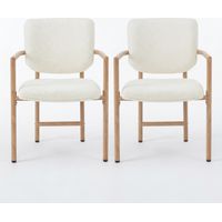 FurnitureR Dining Chairs Set of 2, Teddy Boucle Upholstered Kitchen Chairs with Wooden Effect Metal Frame & Curved Armrests, Modern Accent Chairs for Dining Room Bedroom Living Room, Cream White