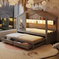 Cama infantil de madera maciza gris de 90x200 cm con cama nido de 90x190 cm, LED, USB/Tipo-C y espacio de almacenamiento.