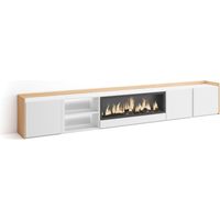 Skraut Home - Mobile TV Soggiorno, Ampio spazio a disposizione, 315x35x50cm, Per TV fino a 80", Camino elettrico XXL, LED, Stile moderno, Bianco e Rovere soft