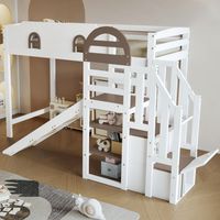 Lit mezzanine 90x200 cm, lit enfant avec fenêtre, toboggan, escalier, armoire d'escalier, étagère de rangement, pin et MDF, blanc et marron