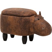 Sgabello Bambini Forma Ippopotamo Ecopelle Marrone Imbottita Gambe Legno Hippo