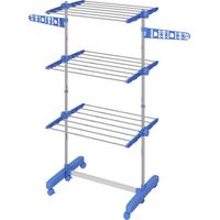 Tendedero vertical 3 niveles 6 ruedas, laterales abatibles, estantes ajustables, acero inoxidable azul