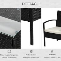 Conjunto de jardín de ratán sintético de 4 piezas: mesa de 75x40x38 cm, 2 sillones de 57x60x77 cm y sofá de 2 plazas de 108x60x77 cm. Color negro y crema.