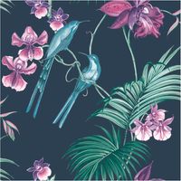 Utopia Navy Wallpaper Paste The Wall Vinyl Green Floral Tropical Glitter Birds