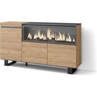 Skraut Home - Credenza, Mobile, Cucina, Madia, mobile ingresso, 160, 3 Porte, Camino elettrico XXL, Design industriale, Stile moderno, Rovere