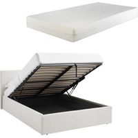 TEDDY BOUCLE 4FT6 Double White Ottoman Storage Bed Gas Lift Up with 15cm Memory Foam Mattress