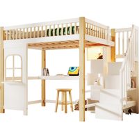 Letto A Soppalco 140 x 200 Cm Con Scrivania, LED, Scala Di Stoccaggio E Scaffali, Senza Materasso, In Legno, Bianco E Naturale