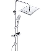 JOHO – Colonne de douche sans robinetterie chromée – Tête pluie carrée 25x25 cm – Idéale pour rénovation – Tablette intégrée – Douchette 3 jets