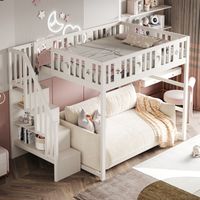 Lit superposé en Bois 140x200 avec échelle Rangements, Lit Mezzanine 2 Places avec Balustrade, Lit en Hauteur chambre fille ou garçon, Blanc