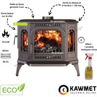 Poêle à bois en fonte 10.5 kW – Capacité de chauffage 105 m² – Rendement 73.5 % – Sortie de fumée 150 mm – Verre Robax résistant 800 °C