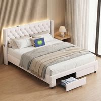 Letto per adulti 180x200, letto matrimoniale con rete a doghe, illuminazione LED e porte USB, letto con 2 cassetti, velluto, stile scandinavo, Beige