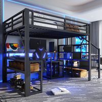 Lit Mezzanine 1 Place Enfant 140 x 200 cm avec éclairage LED et Port USB,lit Mezzanine avec Bureau lit superposé Enfant,lit Mezzanine escalier avec Espace de Rangement,Noir