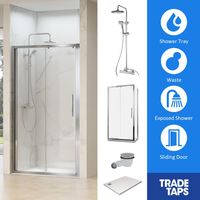 Synergy Chrome Single Sliding Door 900 x 1100mm, Tray, Waste & Trisen Round Shower Full Set