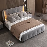 Lit rembourré 140 x 200 cm, tête de lit réglable sur trois hauteurs, bandes lumineuses LED des deux côtés, lit simple, lit double, velours, gris