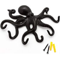 Perchero de pared de 6 brazos con forma de pulpo negro, diseño rústico, resistente