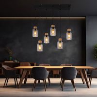 Suspension lampe de table à manger noire 4 flammes verre fumé lampe suspendue bois réglable en hauteur, métal, 6x douilles E27, LxlxH 62x18x120 cm