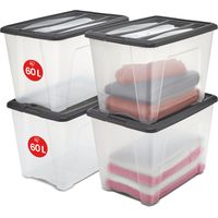 Iris Ohyama – Boîtes de rangement plastique avec couvercle 60L – Lot de 4 – Résistantes aux chocs – Poignée intégrée pour transport facile – Empilables