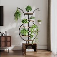 Porte plantes et étagère à plantes 142 cm avec crochets - Support de fleurs incurvé avec lampes de croissance LED et meuble de rangement - Métal et MDF, Naturel