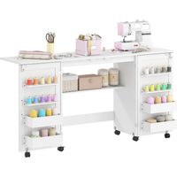 Table de couture pliante à 6 roues, 20 porte-bobines, 4 compartiments et étagère - Blanche idéal pour salon, chambre à coucher ou bureau facile à assembler avec instructions incluses