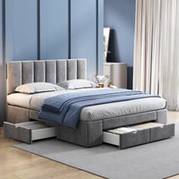 Cama con Cajones 140×200 cm, Cama Doble con 4 Cajones, Cabecero Acolchado y Regulable, sin Colchón, en Terciopelo, Gris