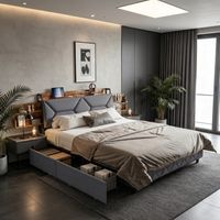 Lit adulte 160 x 200 cm est doté d'un espace de rangement, d'un dossier ergonomique, d'un port USB Type-C et d'un design moderne.