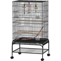 Gabbia per Uccelli con Area Gioco, Ruote, Vassoio Estraibile, Mensola, 64x45x110 cm, Nero