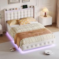 JOOKGBD–Schwebebett gepolstert 160x200 cm,Doppelbett,Jugendbett,LED-Beleuchtung,USB-Anschlüsse,Staufach-Kopfteil,Bettkasten,Lattenrost aus Holz,Samt,Weiß