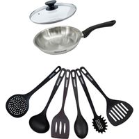 Set poêle 20 cm en inox, couvercle verre et 6 ustensiles Fackelmann Geneva