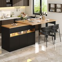 Meuble de bar extensible avec plateau pliable et 3 portes - 120/180 x 45 x 75 cm - LEDs et rotation à 360° - MDF - Noir + naturel