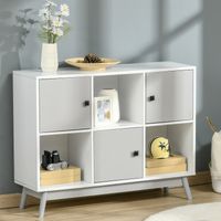 Sideboard, Aufbewahrungsmöbel mit 3 Türen und 3 offenen Fächern, Beine aus Kiefernholz, 96 x 30 x 75 cm, weiß und grau
