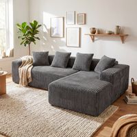 Divano angolare compresso a 3 posti in velluto a coste grigio, divano modulare, sedute profonde, chaise longue dritta, non richiede montaggio, 261x156x80 cm