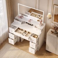 Coiffeuse 110×40×150cm, grand miroir LED 3 couleurs, table de maquillage,9 tiroirs de rangement, coiffeuse table,étagères ouvertes, style moderne, panneaux de particules, pour chambre, Bois, Beige