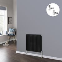 Flat Panel Design Radiator Bathroom Central Heating Radiators Black with Angled Manual Pair of Valves 600 x 748mm Horizontal Double