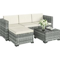 Polyrattan Gartenmöbel Set 5-teilig, Lounge Set mit Ecksofa Hocker Tisch Sitz- & Rückenkissen Grau+Cremeweiß