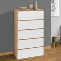 Chiffonnier 5 tiroirs TOMI 60 cm bois façon beech et blanc commode semainier
