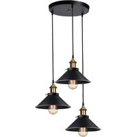 Goeco – Plafonnier industriel 3 lampes suspension rétro – métal noir – douilles E27 – hauteur 15cm – diamètre 22cm – câble réglable 120cm